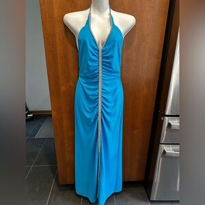 Vintage Y2K Prom Betsy & Adam Turquoise Halter Ruched Gown with Rhinestones